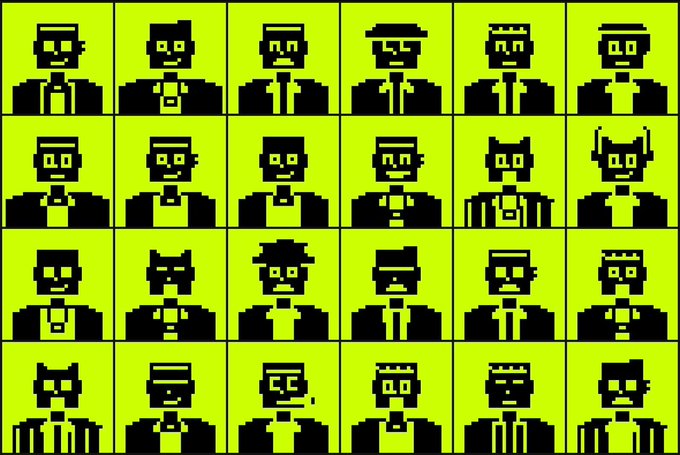 A grid of twenty-four pixel-art character sprites in black against a bright yellow-green background, featuring various figures with different hats, glasses, and facial features.