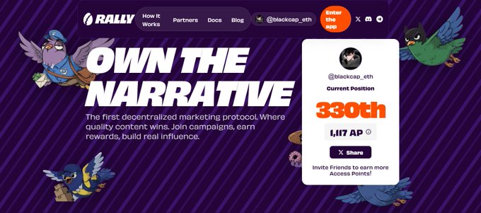 The image shows a website called Rally, which has a purple background with white text. The main focus of the image is a post titled "OWN THE NARRATIVE" that includes a photo of birds flying over a purple background. The post also mentions an article about AI and how it can be used for marketing purposes. The website's URL is provided at the bottom, and there are other posts on the site related to AI and marketing strategies.