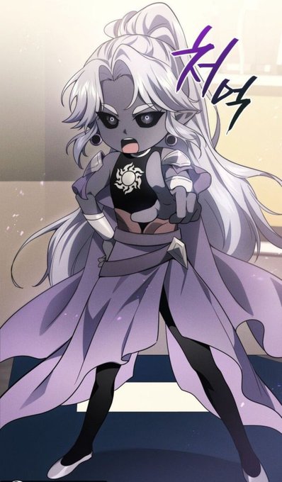 An anime-style character with long white hair, a dark face mask, and a flowing purple outfit stands in a dynamic pose with Korean text in the corner.