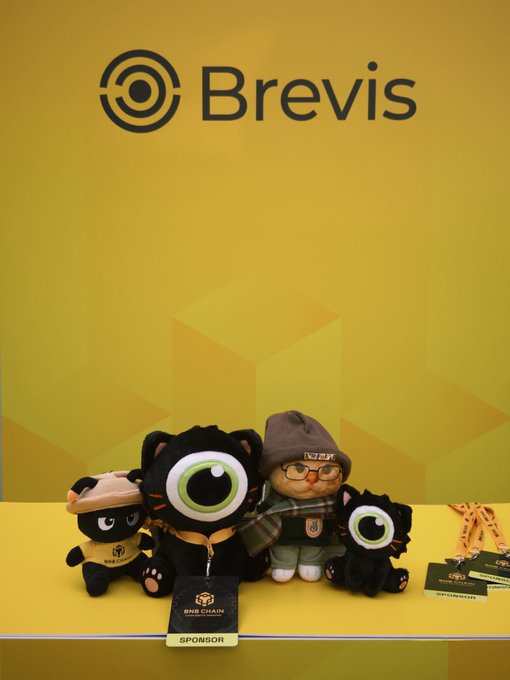 A photo of plush toys, including a black cat mascot and a bear in a beanie, displayed in front of a yellow Brevis-branded sponsor booth labeled 'BREVIS CHAIN SPONSOR'.