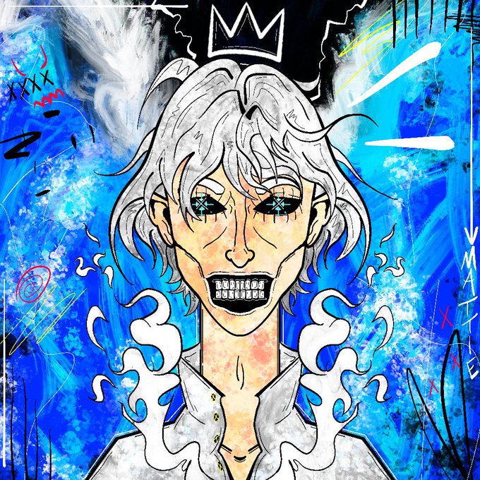 The image features an artistic rendering of a man with white hair wearing a crown. The background has elements of blue, black, and graffiti art styles, creating a visually striking composition. The title "10x GTD spots Giveaway" appears at the bottom in small text, likely providing information about the contest or giveaway for which this image is being shared. The post also provides a link to follow the account "VoidSaintsETH", an account that shares similar interests as the man depicted in the artwork, and mentions that the contests are happening on June 17th.