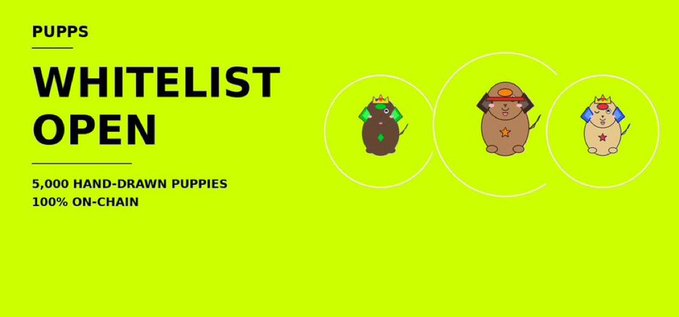 A bright neon green promotional banner announces "PUPPS WHITELIST OPEN" for a free mint of 5,000 hand-drawn puppies that are "100% ON-CHAIN," featuring three cartoon puppy characters in colorful hoodies. The image directly supports the tweet's whitelist giveaway announcement for the @PuppsHood_ NFT project, highlighting the limited 5,000 supply mentioned in the post.