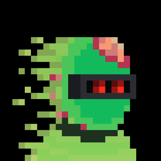 Pixel art of a green zombie character with a wound on its head, featuring a wide black mouth with red teeth and trailing green particles behind it on a black background.