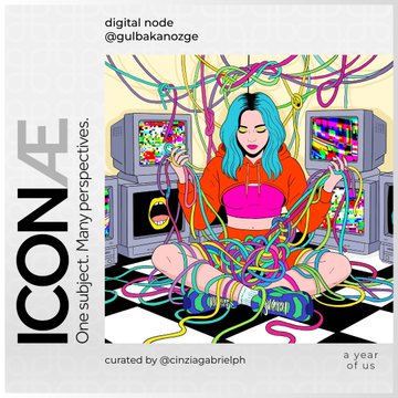 A promotional graphic for 'ICÓNAE - digital node @gulbakanozge' with the tagline 'One subject. Many perspectives.' featuring an illustration of a girl with blue hair surrounded by colorful cables, monitors, and sneakers, curated by @cinziabrielph.
