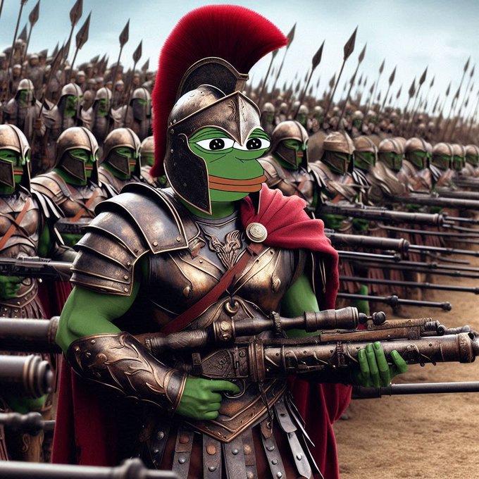 A humorous AI-generated image of Pepe the Frog dressed as an ancient Greek/Roman soldier in bronze armor with a red-plumed helmet, holding a large firearm, standing in front of an army of similarly equipped frog soldiers.