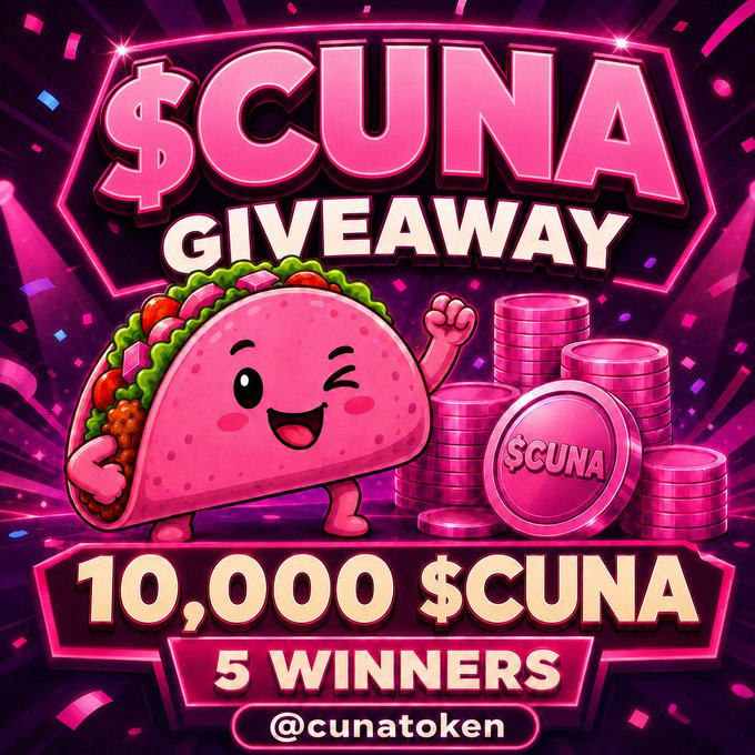A colorful pink-themed promotional graphic for a "$CUNA GIVEAWAY" featuring a smiling cartoon taco mascot standing beside stacked coins, announcing that 5 winners will each receive 10,000 $CUNA tokens and directing participants to follow @cunatoken.