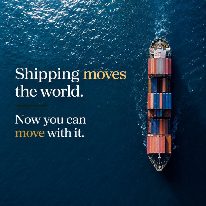 An aerial view of a cargo ship loaded with multicolored containers sailing on the ocean, accompanied by the text 'Shipping moves the world. Now you can move with it.'