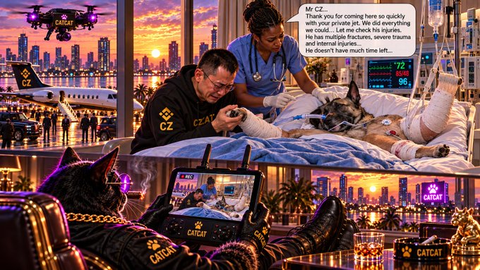 An AI-generated composite image showing CZ (Binance) wearing a 'CATCAT' branded outfit, appearing in multiple scenes including comforting an injured dog at a hospital with a nurse, and watching on a monitor while relaxing, with a speech bubble addressed to 'My CZ' describing the dog's condition.