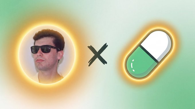 The image features a man wearing sunglasses in a glowing yellow circle on the left, next to a green and white pill capsule in a similar glowing circle, separated by a black "X" mark—visually representing the post's critique that crypto platforms reward users for using them, yet are still criticized by others.
