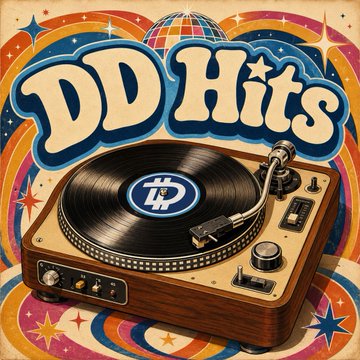 A retro-style graphic featuring a vinyl record player with 'DD Hits' text and a disco ball, surrounded by colorful stars and swirls in orange and yellow tones.