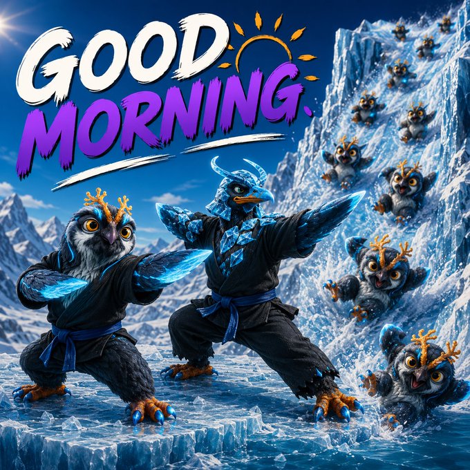 A stylized 'GOOD MORNING' graphic featuring two icy bird-like warriors in ninja attire striking poses, surrounded by smaller penguin-like creatures with antler features in a snowy mountain landscape.
