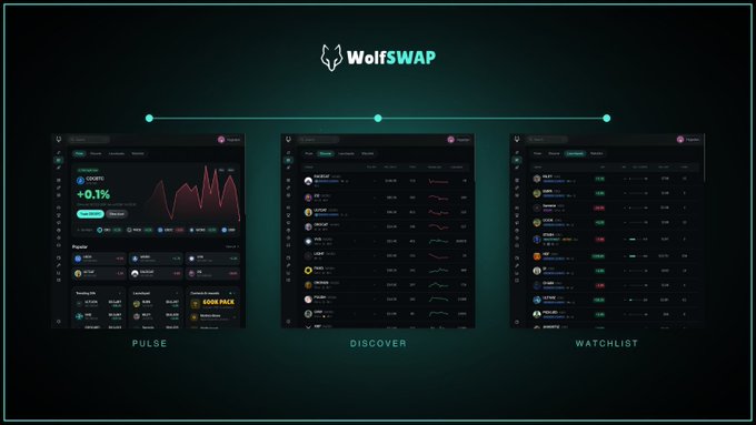 A promotional graphic for 'WolfSWAP' showing three interface screens labeled 'PULSE', 'DISCOVER', and 'WATCHLIST' against a dark teal background.