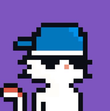 A pixel art illustration depicts a white, hat-wearing character with blue goggles against a solid purple background.