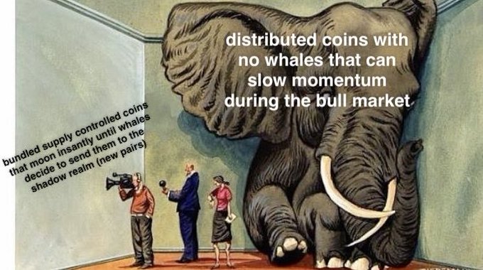 A satirical image of an elephant in a room meme, labeled 'distributed coins with no whales that can slow momentum during the bull market' (the elephant) and 'bundled supply controlled coins that moon instantly until whales decide to send them to the shadow realm (new pairs)' (the people observing).