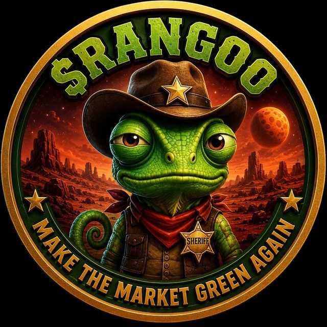 Circular logo featuring a green chameleon wearing a cowboy hat with a star and 'SHERIFF' badge, with text '$RANGOO' at the top and 'MAKE THE MARKET GREEN AGAIN' at the bottom against a Mars-like landscape.