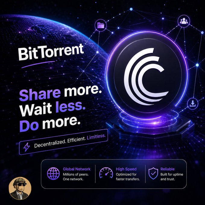 A promotional graphic for 'BitTorrent' featuring the tagline 'Share more. Wait less. Do more.' and 'Decentralized. Efficient. Limitless.', highlighting Global Network, High Speed, and Reliable features against a cosmic background.