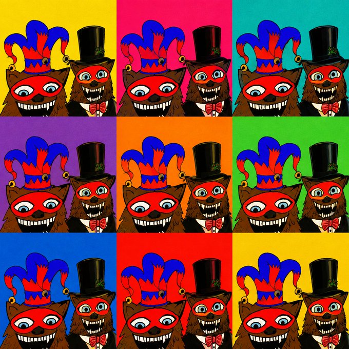A pop art style image showing a 3x3 grid of identical cartoon dog faces wearing red masks and top hats (one with a jester hat), each panel in different bright colors reminiscent of Andy Warhol.