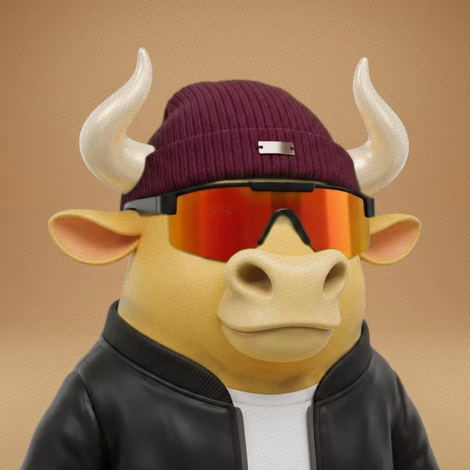 A 3D-rendered cow character with white horns wears a maroon beanie, orange-tinted visor sunglasses, and a black leather jacket against a tan background.