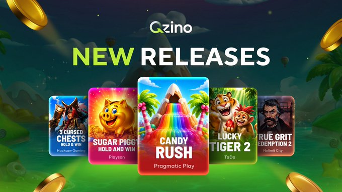 The image features a poster for a new release of games, with five different game titles displayed against a dark blue background. The poster includes text that reads "New releases" and "Gizino", indicating that this is an advertisement for a gaming event or release. The games on display include Candy Rush, True Grit Tiger 2, and Panda Caves.