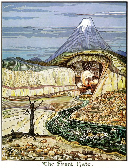 An illustration titled 'The Front Gate' depicting a fantasy landscape with a snow-capped mountain, a cave entrance carved into cliffs with fire inside, a bare tree, and a winding stream.