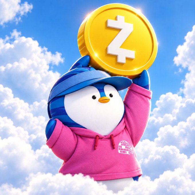 A cartoon penguin wearing a pink hoodie and blue cap triumphantly holds up a golden Zcash (ZEC) coin against a cloudy sky, visually representing the impressive achievement of onboarding over 1,200 new users to the Zcash network in a single day from a small account.