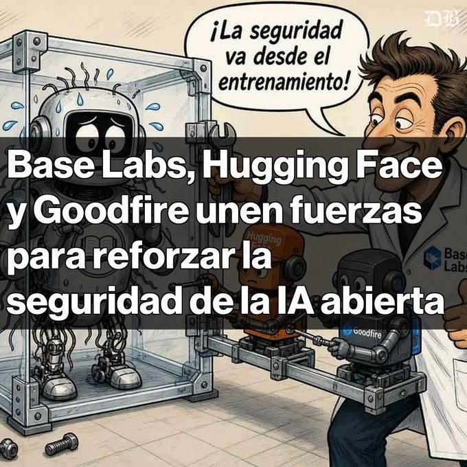 A cartoon illustration shows a stressed robot in a glass case while a scientist works on smaller robot figures labeled 'Hugging' and 'goodfire'. The text reads: 'Base Labs, Hugging Face y Goodfire unen fuerzas para reforzar la seguridad de la IA abierta' and a speech bubble says '¡La seguridad va desde el entrenamiento!'.