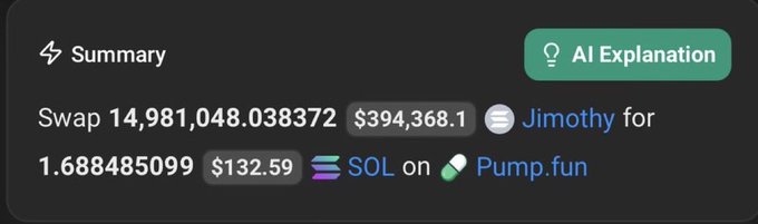 A trading summary card shows a swap of 14,981,048.038372 Jimothy tokens ($394,368.1) for 1.688485099 SOL ($132.59) on Pump.fun. The image visually confirms the post's claim of a massive gain, illustrating the $394K value received from a token originally bought for around $130.