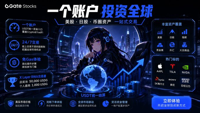 An advertisement for 'Gate Stocks' featuring an anime-style girl and text in Chinese promoting global investment opportunities in US stocks, Japanese stocks, and more.
