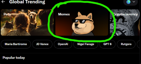 A 'Global Trending' page showing categories like Pets, Memos (circled in green featuring a Doge character), and Cryptocurrency, with trending tags including Maria Bartiromo, JD Vance, OpenAI, Nigel Farage, GPT 6, and Rutgers.
