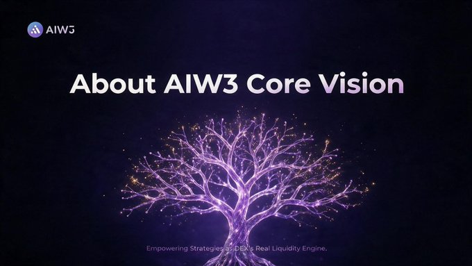 A digital graphic for 'AIW3' titled 'About AIW3 Core Vision' features a glowing purple tree against a dark background with the tagline 'Empowering Strategies with DEX & Real Liquidity Engine'.