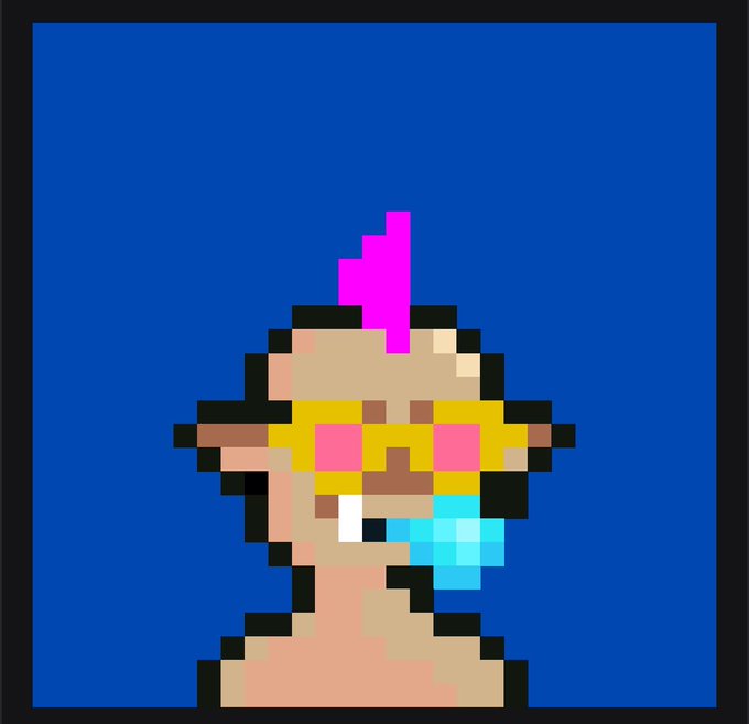 A pixel art character with tan skin, a pink mohawk, yellow sunglasses, and a blue pacifier against a solid blue background.