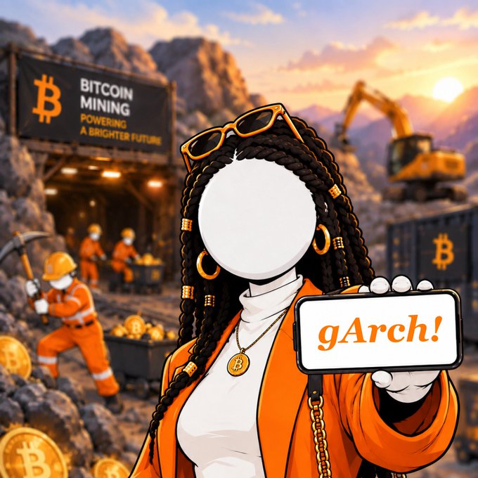 An illustrated character with braided hair and sunglasses at a Bitcoin mining site holds a phone displaying 'gArch!', with a 'BITCOIN MINING POWERING A BRIGHTER FUTURE' banner in the background.