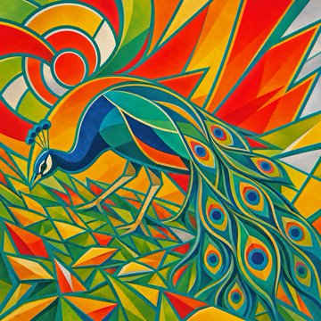 A vibrant, geometric mosaic-style digital artwork depicts a colorful peacock with iridescent tail feathers against a kaleidoscopic background of bright oranges, reds, greens, and blues, titled "Sunfeather Mosaic." The piece, inspired by the legendary Pokémon Ho-Oh, blends the bird's fiery plumage with peacock imagery to create a dazzling fusion that will be featured in an upcoming drop on @drip_haus.
