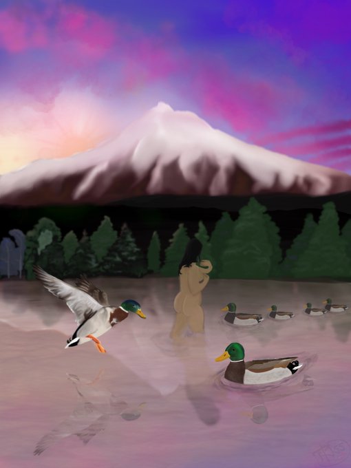 A digital illustration depicts a figure in a lake with ducks and a flying mallard, set against a backdrop of pine trees and a snow-capped mountain under a pink and purple sunset sky.