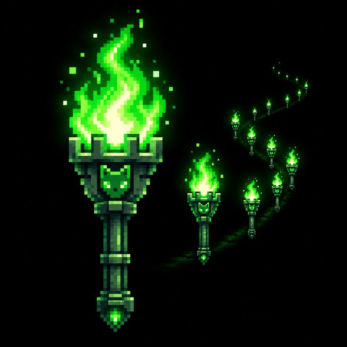 Pixel art illustration of green magical torches with bright green flames against a black background, featuring one large torch and several smaller ones receding into the distance.