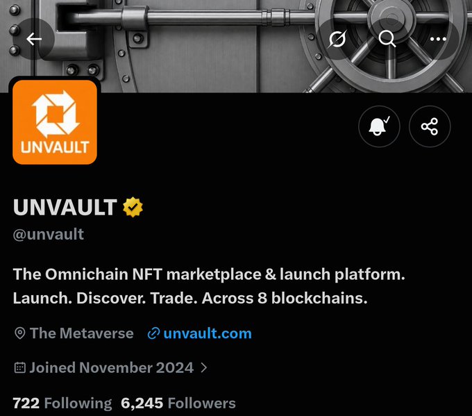 A screenshot of the UNVAULT (@unvault) Twitter/X profile showing it as "The Omnichain NFT marketplace & launch platform" spanning 8 blockchains, with 6,245 followers. The profile suggests research into a potential alpha project, with the bank vault-themed banner visually reinforcing the "Unvault" branding of the NFT platform.