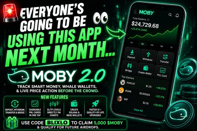 An advertisement for 'Moby 2.0', a crypto whale tracking app, showing a phone screen with a portfolio balance of $24,729.68 and a promo code 'BLIXLO'.