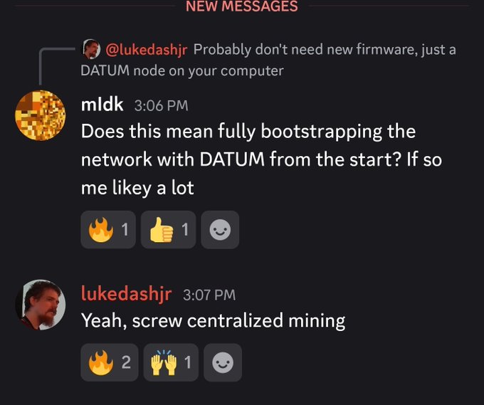 A screenshot of a Discord chat where 'lukedashjr' suggests a 'DATUM node' and the user 'mldk' replies about bootstrapping the network.