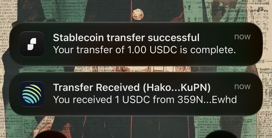 The image displays successful USDC transfer notifications—one showing "Your transfer of 1.00 USDC is complete" and another "Transfer Received: You received 1 USDC from 359N...Ewhd"—illustrating the spenda app's seamless crypto transfer feature highlighted in the post.