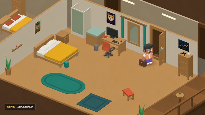 An isometric pixel-art style illustration of a bedroom interior with a bed, desk, computer, and a person carrying a box near the entrance.