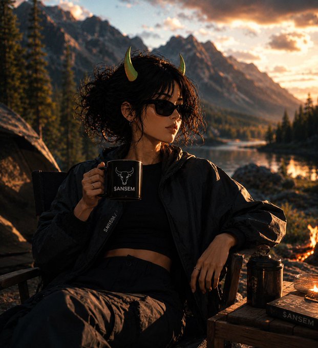 A stylized image shows a woman with curly dark hair, sunglasses, and devil horns wearing a dark jacket and holding a black 'SANSEM' branded mug, sitting in a chair against a mountainous sunset landscape.