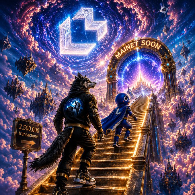 A fantasy digital artwork showing a wolf-like character and a blue figure with a cape ascending golden stairs toward a castle, with a 'MAINET SOON' portal and a sign reading '2,500,000 transactions'.