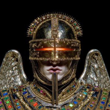A dark, ornate digital artwork of an angel-like figure with metallic wings, wearing a jeweled crown and a collar of gemstones, with a glowing orange light emanating from the visor.