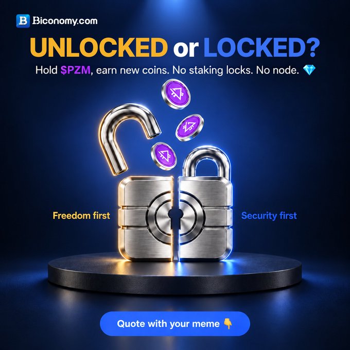 A Biconomy.com advertisement poses the question 'UNLOCKED or LOCKED?' and reads 'Hold $PZM, earn new coins. No staking locks. No node', featuring a split image of a padlock that is open on one side and closed on the other, with coins falling from above.