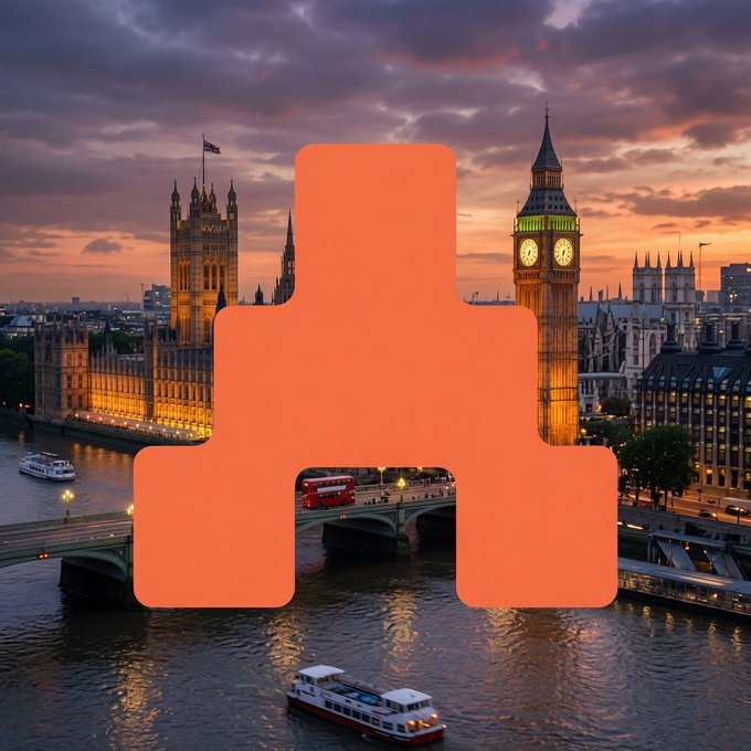 A sunset photograph of London's Big Ben and the Houses of Parliament along the Thames River, overlaid with a large orange symmetrical logo resembling a stylized temple or stepped structure.