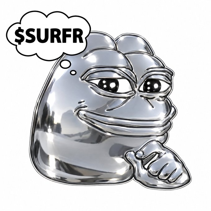 A 3D-rendered silver Pepe the Frog character sits with a thought bubble containing the text '$SURFR'.