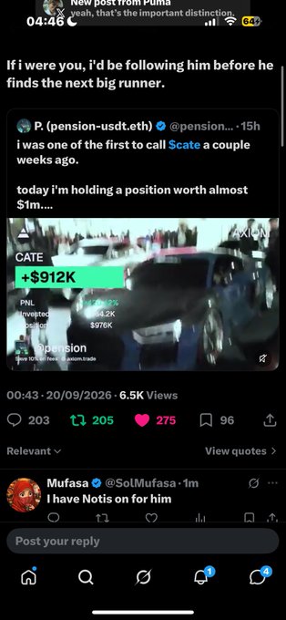 A screenshot of a social media post about trading, showing a car graphic with the ticker '$CATE' up '+$912K', posted by @pension-usdt.eth with 6.5K views.