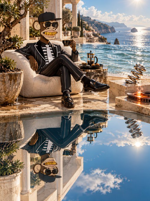 A stylized monkey character in a pinstripe suit, sunglasses, and cap lounges on a white bean bag chair at a luxurious seaside villa, with a gold coffee press nearby and a stunning reflection in the pool below.
