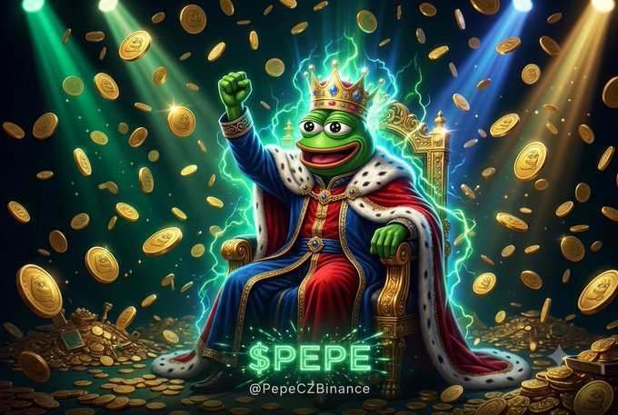 Digital illustration of Pepe the Frog dressed as a king sitting on a throne surrounded by gold coins and lightning, with '$PEPE' and '@PepeCZBinance' displayed at the bottom.