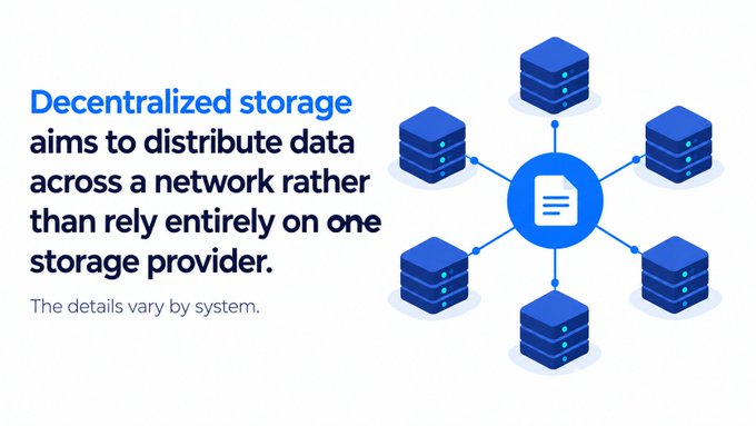 An infographic explains decentralized storage with the text 'Decentralized storage aims to distribute data across a network rather than rely entirely on one storage provider. The details vary by system,' accompanied by a diagram of a central file connected to multiple server nodes.